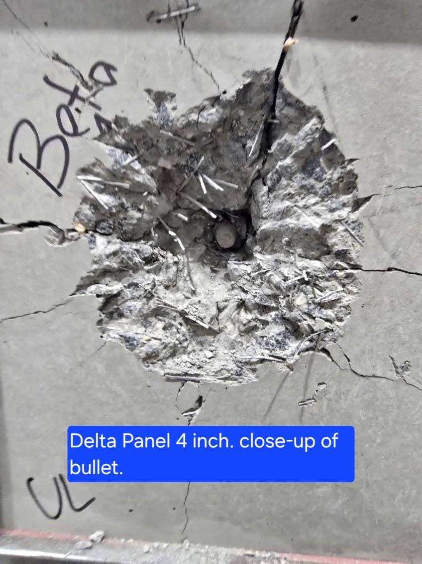 Close-up of the bullet caught in the 4-inch Delta Panel